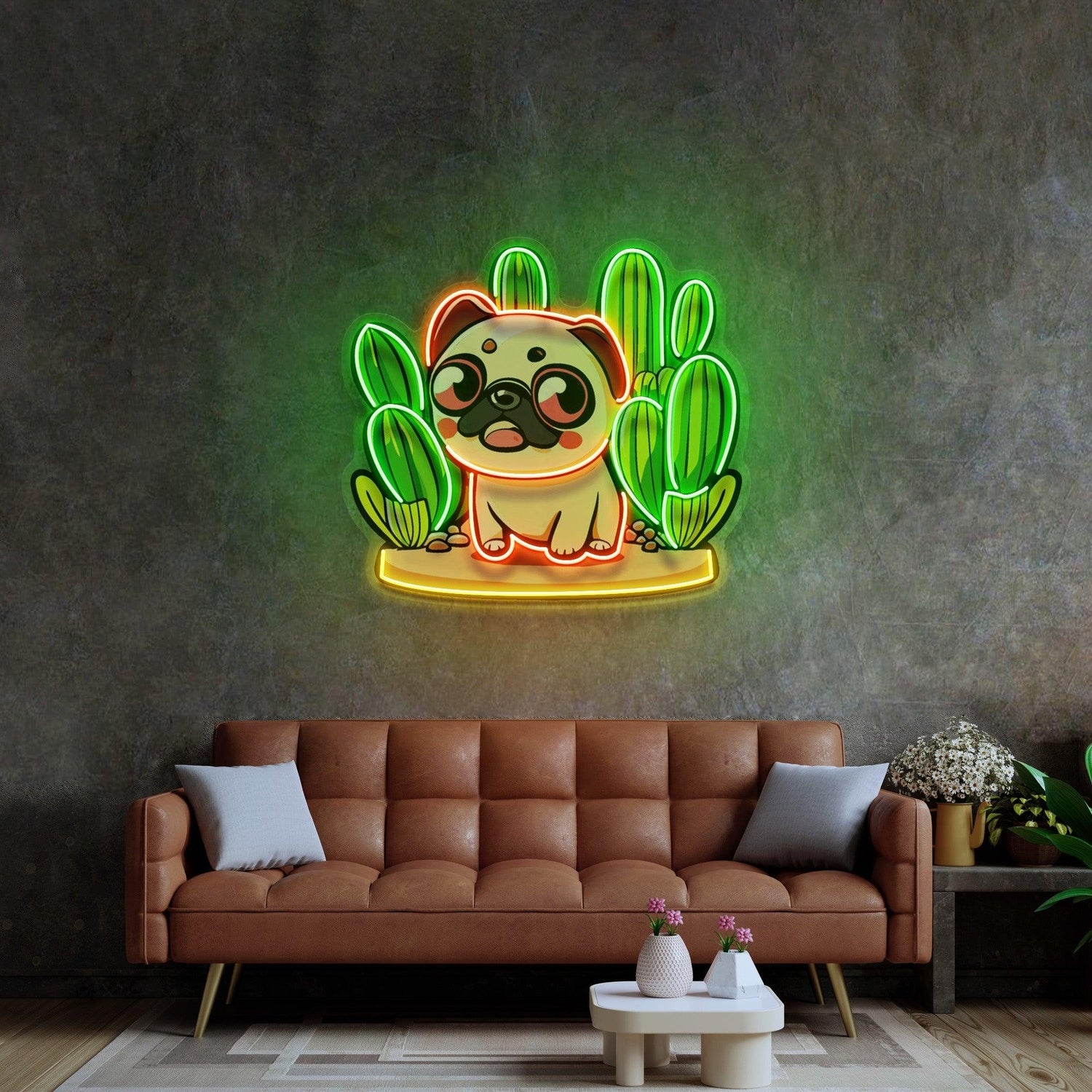 Cute-Pug-Desert-Cactus-Multi-Color-Led-Neon-Sign-Home-Wall-Decor | Shineneon