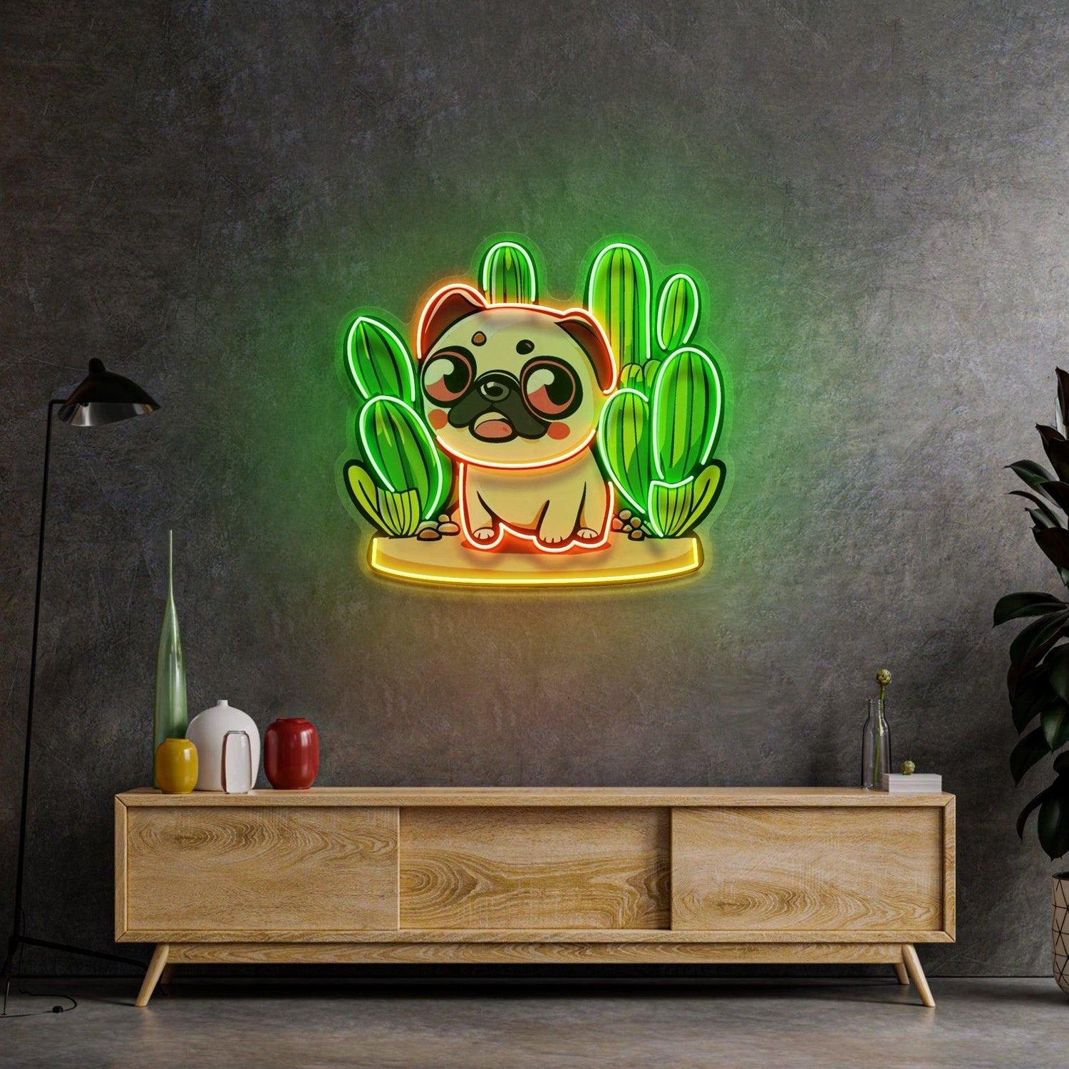 Cute-Pug-Desert-Cactus-Multi-Color-Led-Neon-Sign-Home-Wall-Decor | Shineneon