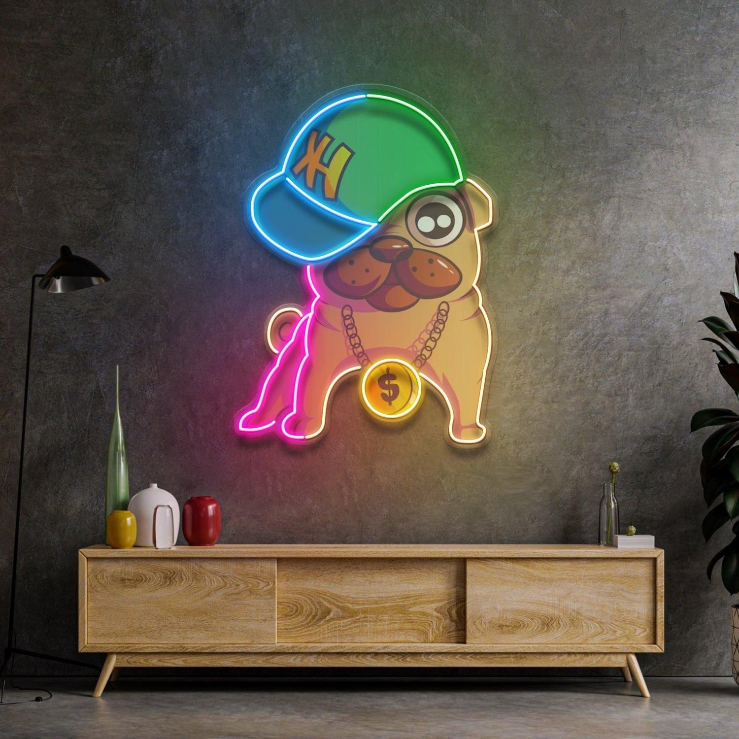Cute Pug Multicolor Cartoon Dog Uv Printed Led Neon Sign For Indoor Wall Decor | Shineneon