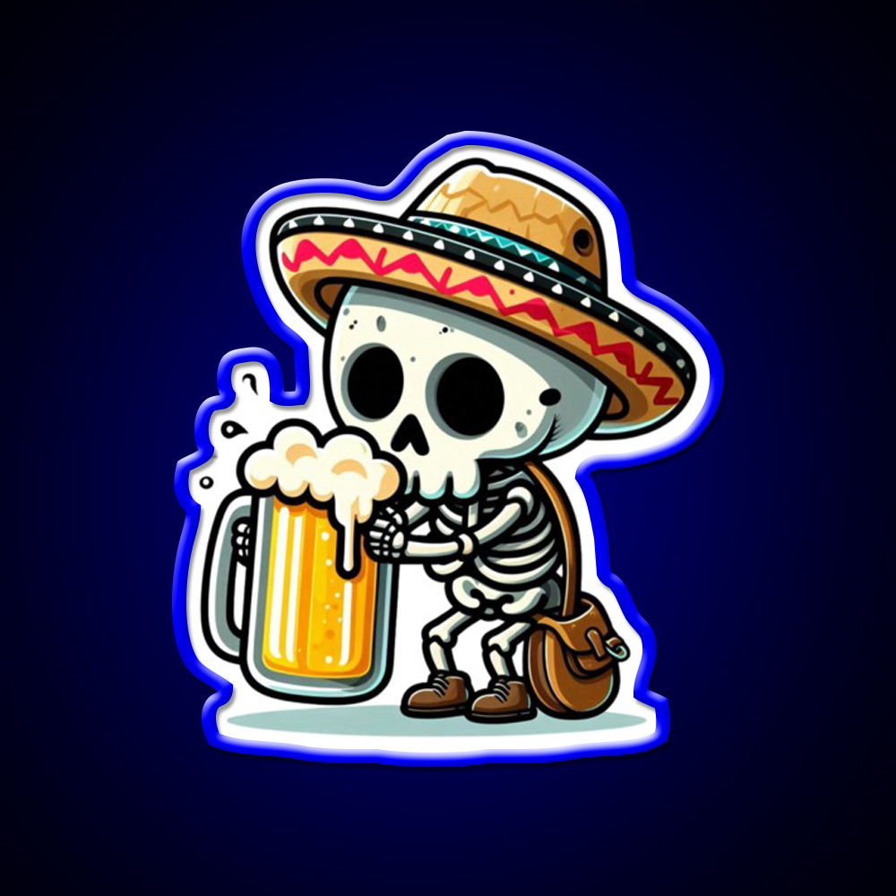 Cute Skeleton Holding A Beer With Mexican Hat Beer Bar Decor Led Neon Sign Rgb Color - LED neon sign view 5