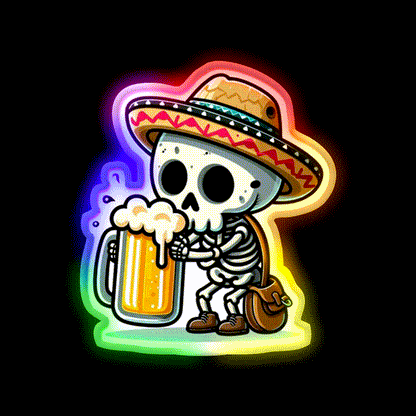 Cute Skeleton Holding A Beer With Mexican Hat Beer Bar Decor Led Neon Sign Rgb Color - LED neon sign close-up detail