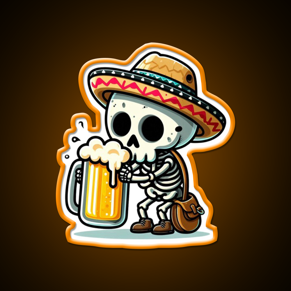 Cute Skeleton Holding A Beer With Mexican Hat Beer Bar Decor Led Neon Sign Rgb Color - LED neon sign view 6