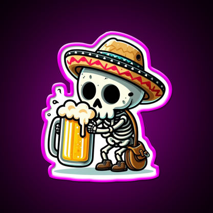 Cute Skeleton Holding A Beer With Mexican Hat Beer Bar Decor Led Neon Sign Rgb Color - Neon sign mounted on wall in room