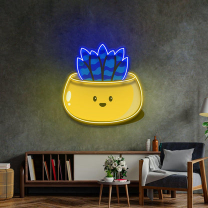 Cute Smiling Cactus Yellow Blue Uv Printed Led Neon Sign For Indoor Decor | Shineneon