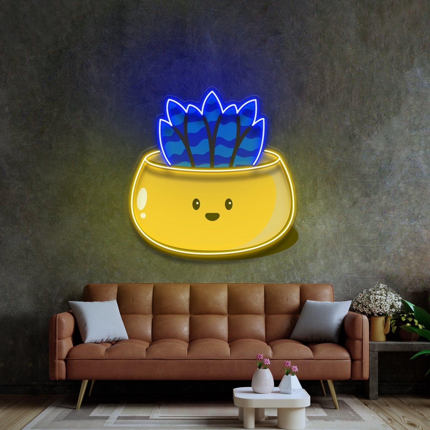 Cute Smiling Cactus Yellow Blue Uv Printed Led Neon Sign For Indoor Decor | Shineneon