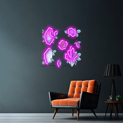 Cute Watercolor Collection Of Roses And Crystals Wall Artwork Neon Signs