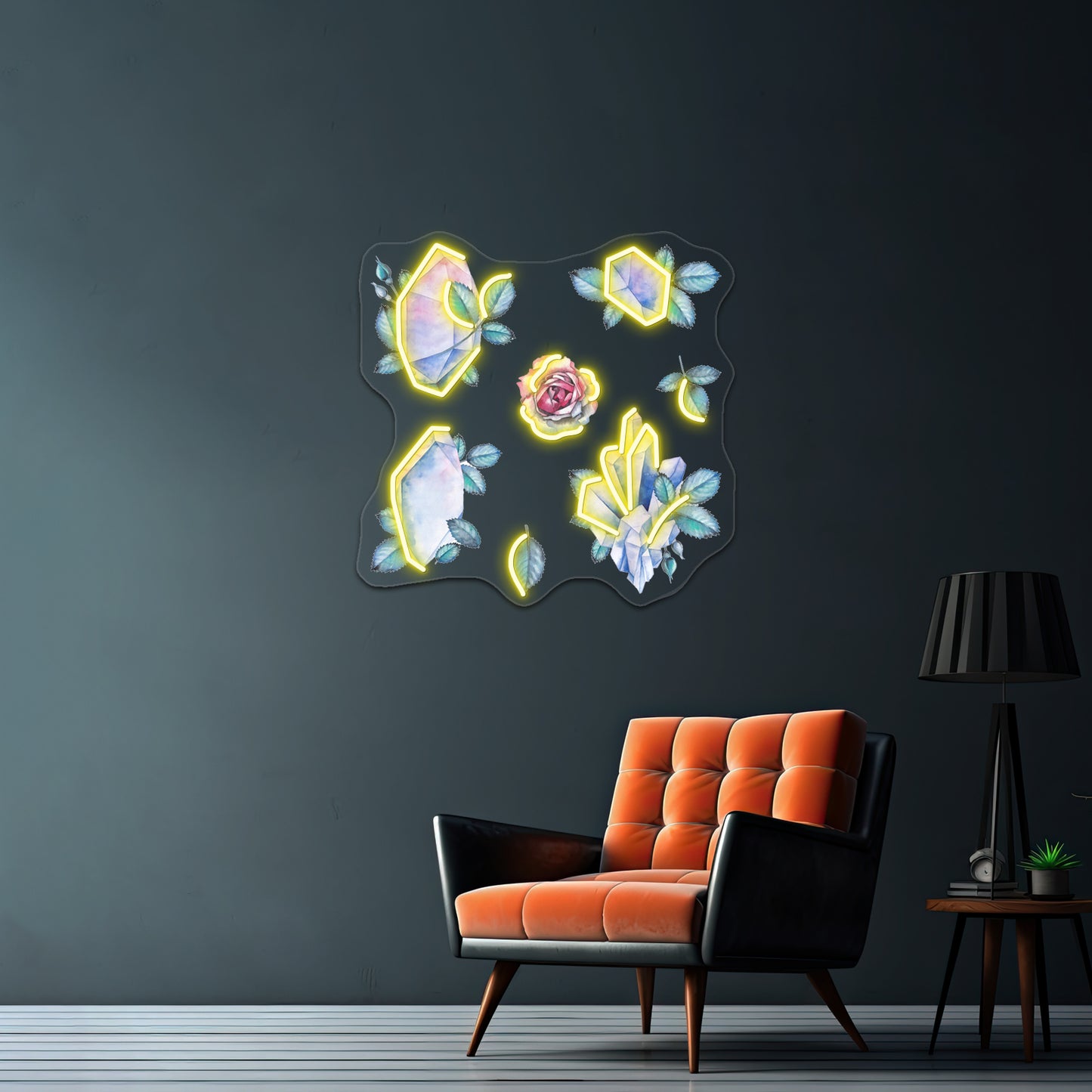 Cute Watercolor Collection Of Roses And Crystals Wall Artwork Neon Signs