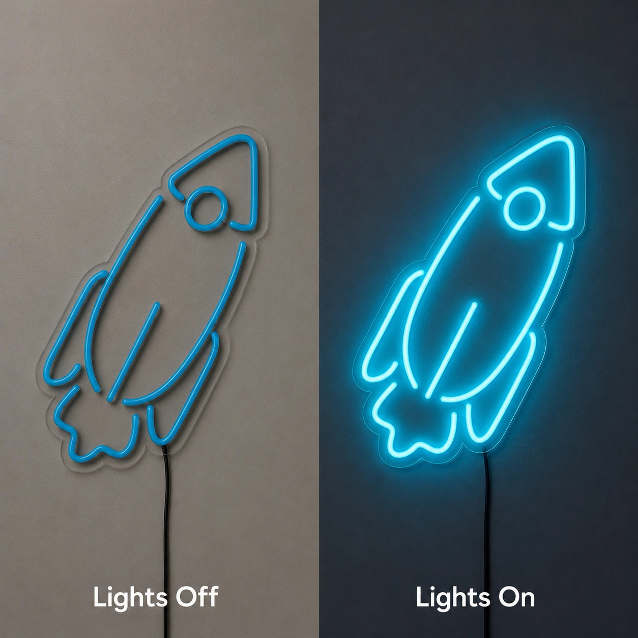 Cyan Rocket Neon Sign LED Neon Sign day and night comparison