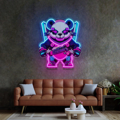 Cyber Panda Warrior Uv Printed Led Neon Sign With Blue Pink Purple For Home Decor | Shineneon
