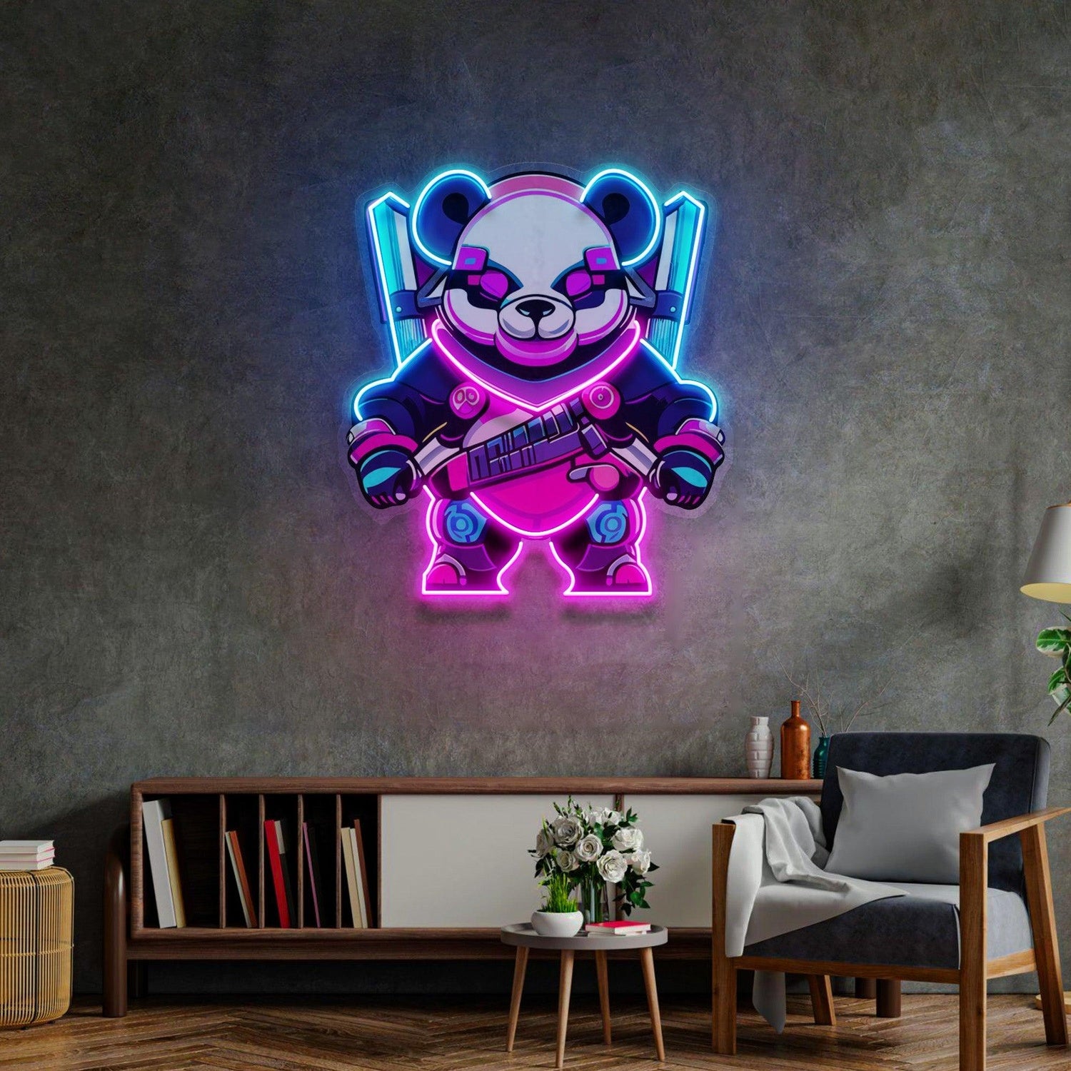 Cyber Panda Warrior Uv Printed Led Neon Sign With Blue Pink Purple For Home Decor | Shineneon