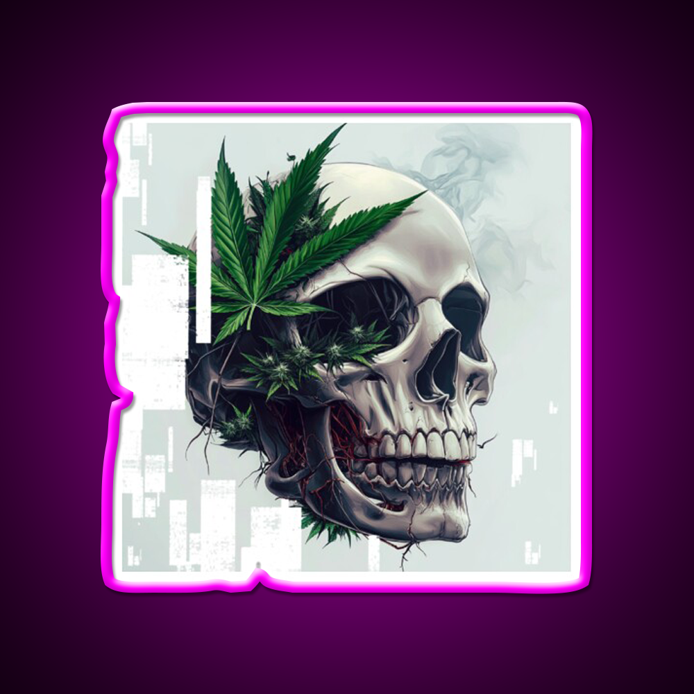 Cyber Skull Hemp Inspired Green Leaf Led Neon Sign Rgb Color - Neon sign mounted on wall in room
