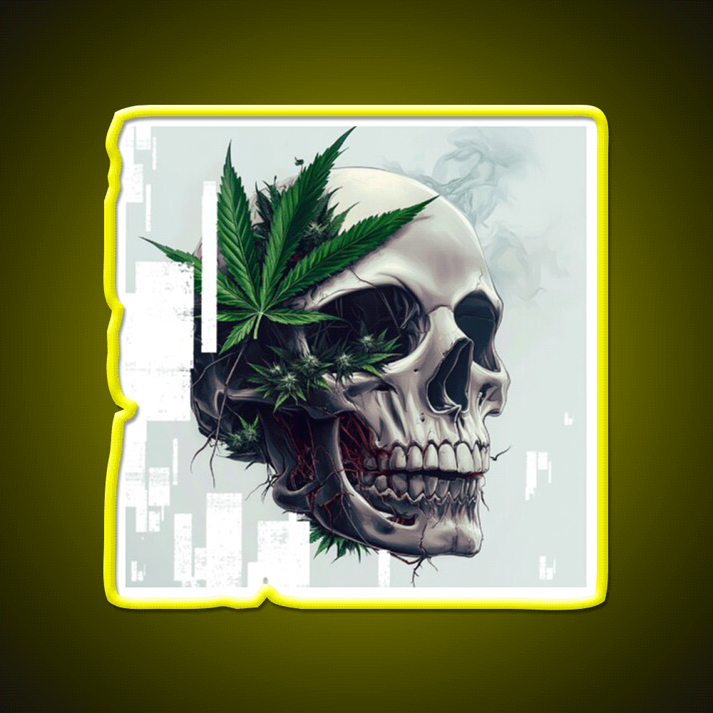 Cyber Skull Hemp Inspired Green Leaf Led Neon Sign Rgb Color - Custom LED neon sign front view