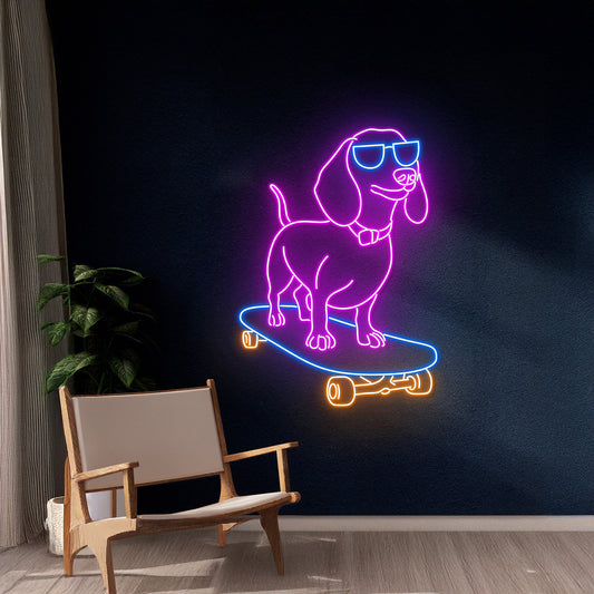 Dachshund Dog Skateboarding Led Neon Sign