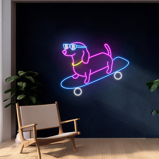 Dachshund Dog Skateboarding Led Sign