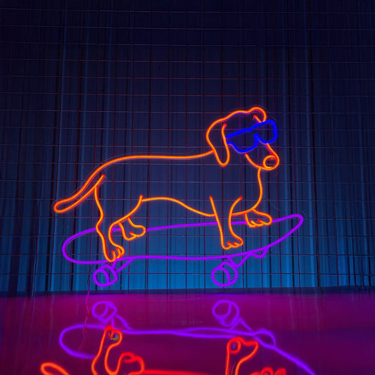 Dachshund Dog Skateboarding Neon Sign