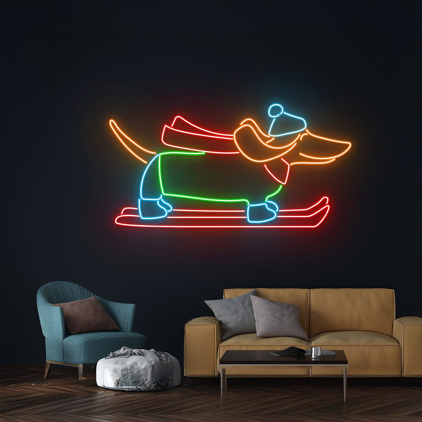 Dachshund Skiing Neon Sign