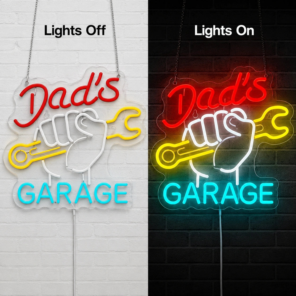 Dad's Fist Garage Neon Sign LED Neon Sign day and night comparison