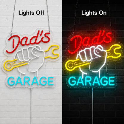 Dad's Fist Garage Neon Sign LED Neon Sign day and night comparison