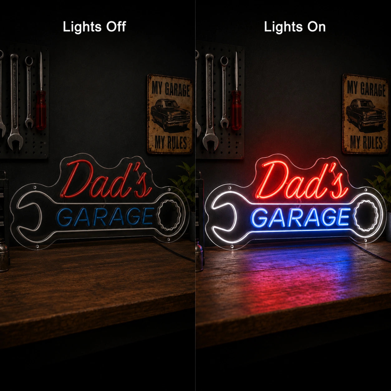 Dad's Garage Script Neon Sign LED Neon Sign day and night comparison