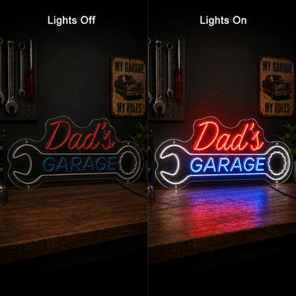 Dad's Garage Script Neon Sign LED Neon Sign day and night comparison