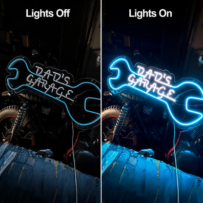 Dad's Wrench Garage Neon Sign LED Neon Sign day and night comparison