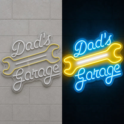 Dads Garage Dog Bone Vintage LED Neon Sign day and night comparison