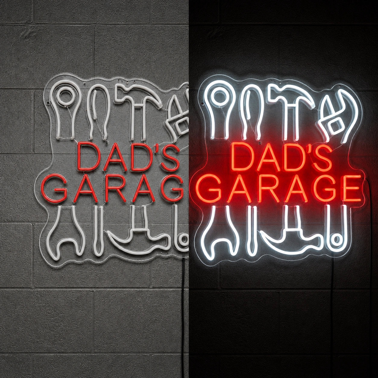 Dads Garage Tools Vintage LED Neon Sign day and night comparison