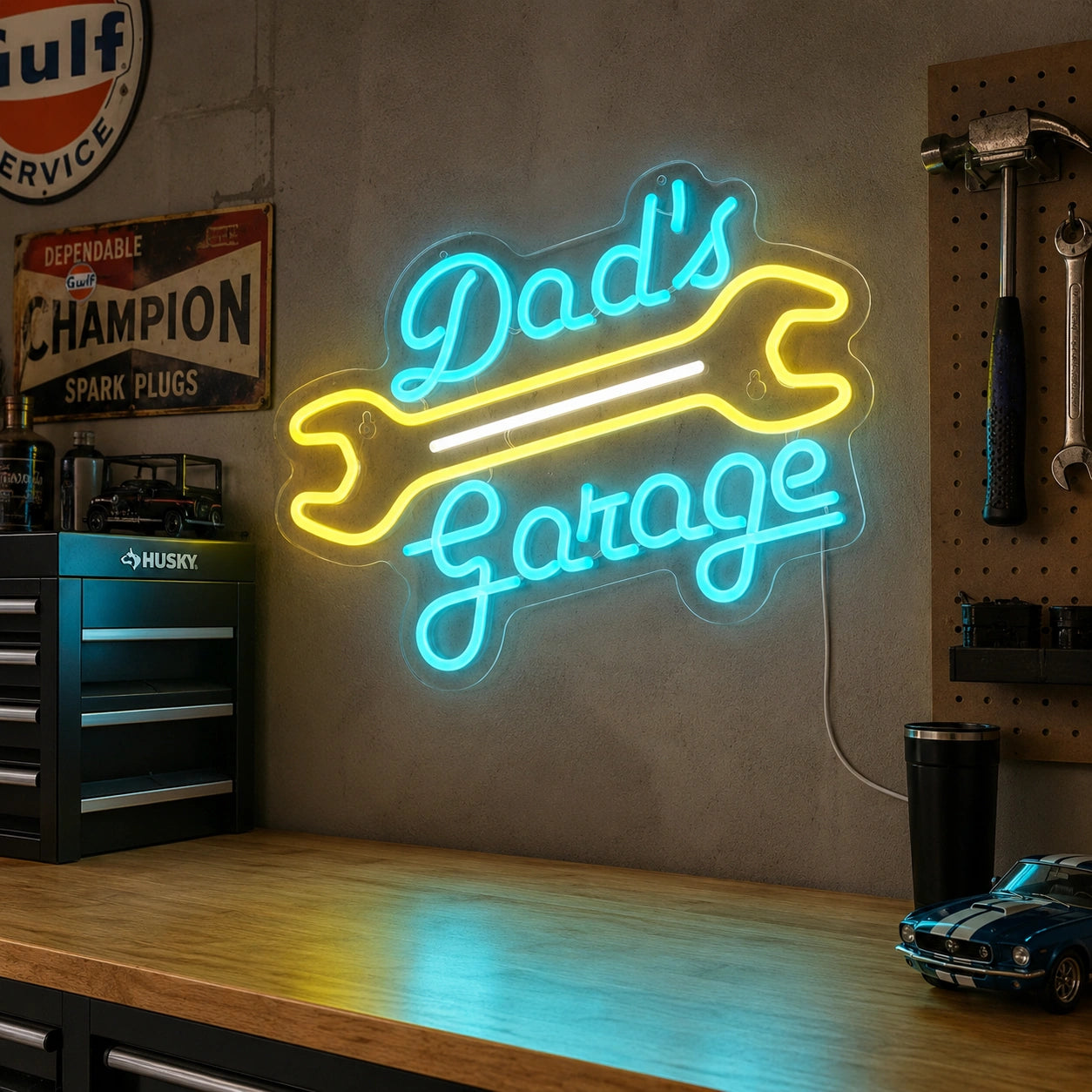 Dads Garage Wrench Neon Sign LED Neon Sign real lifestyle scene