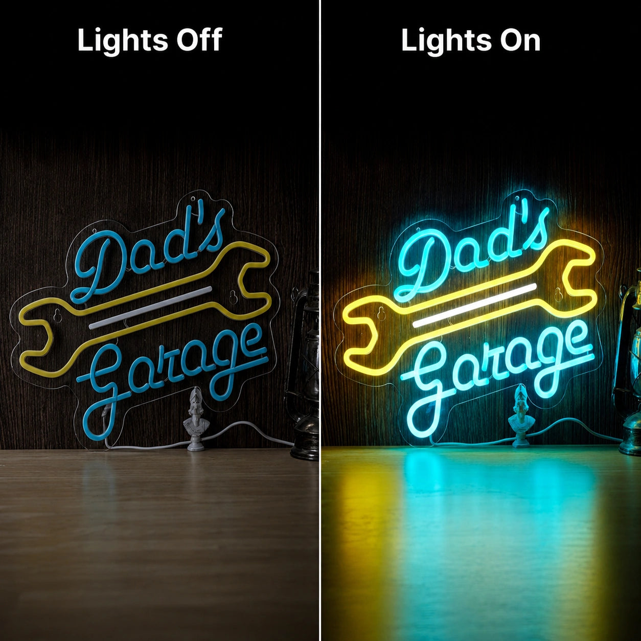Dads Garage Wrench Neon Sign LED Neon Sign day and night comparison