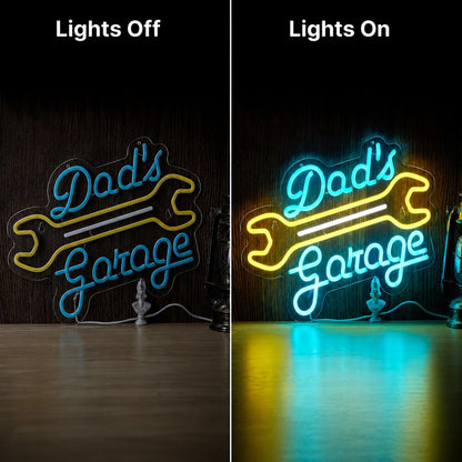 Dads Garage Wrench Neon Sign LED Neon Sign day and night comparison