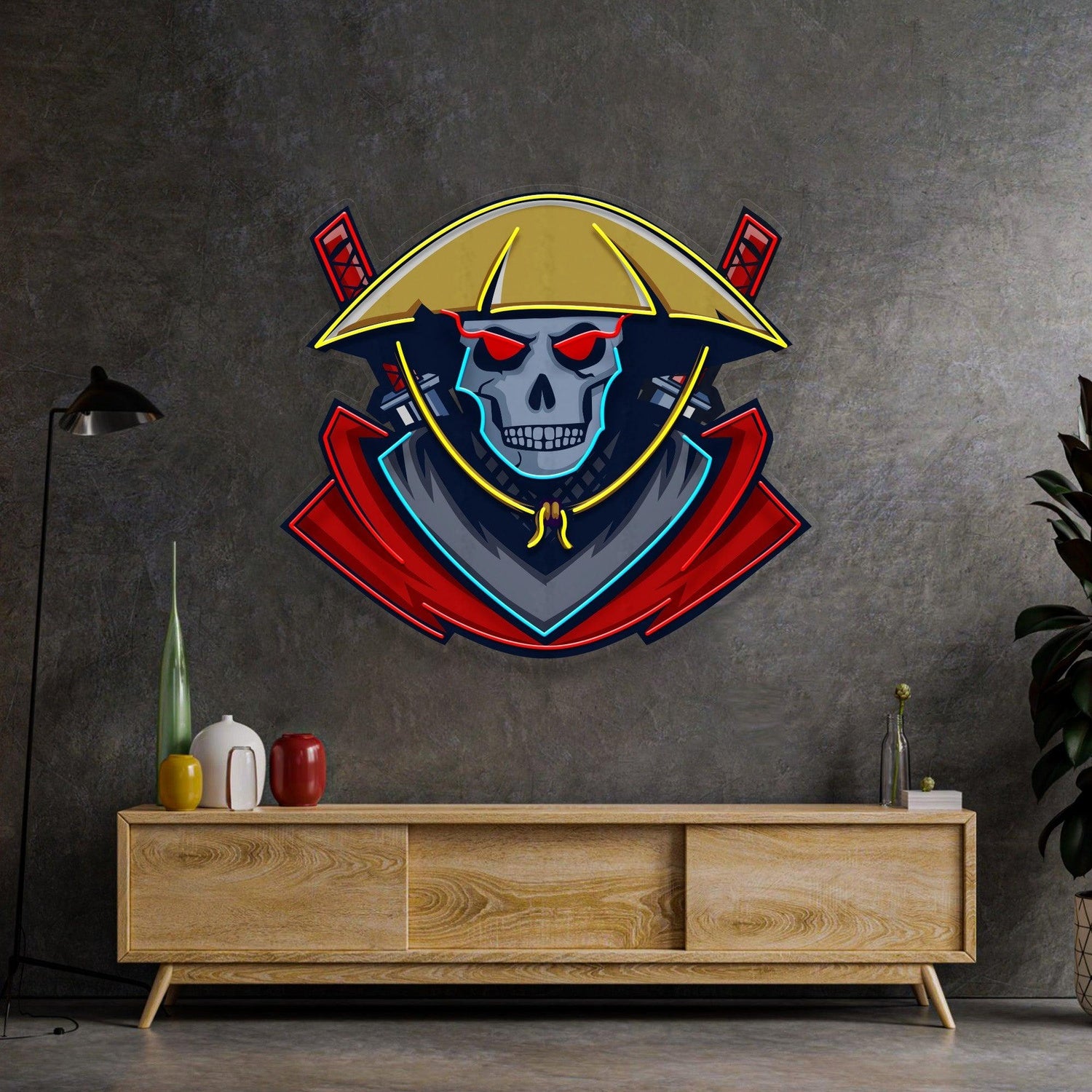 Dark Samurai Skull With Crossed Swords Uv Printed Led Neon Sign For Game Room Decor | Shineneon