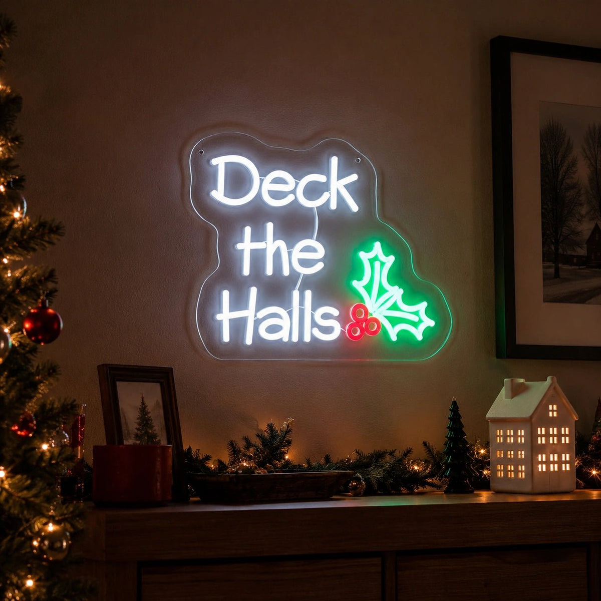 Deck The Halls Holly Leaves LED Neon Sign - Shineneon