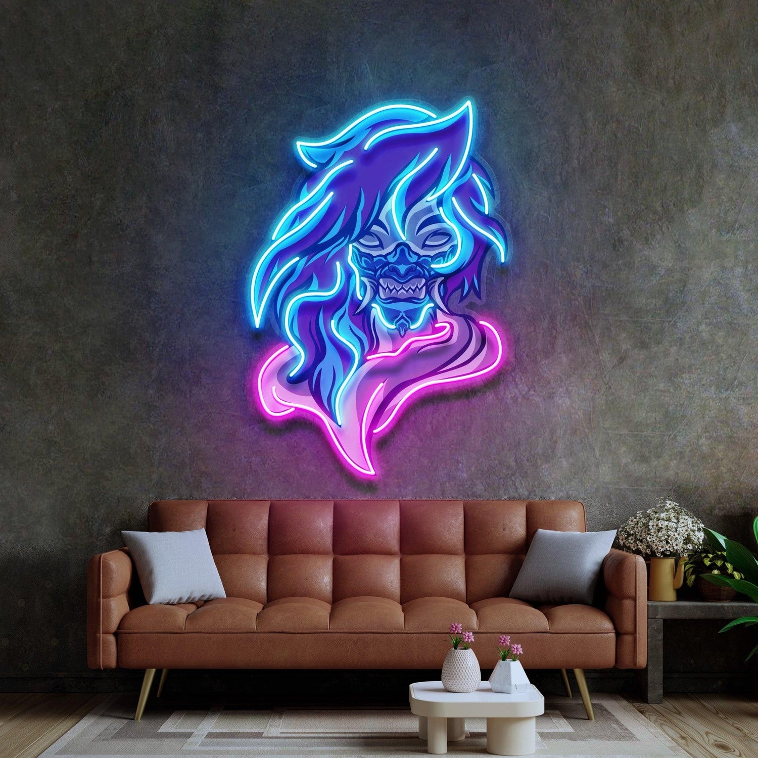 Demon Mascot Blue-Pink Uv Printed Led Neon Sign For Dark Theme Room Decor | Shineneon
