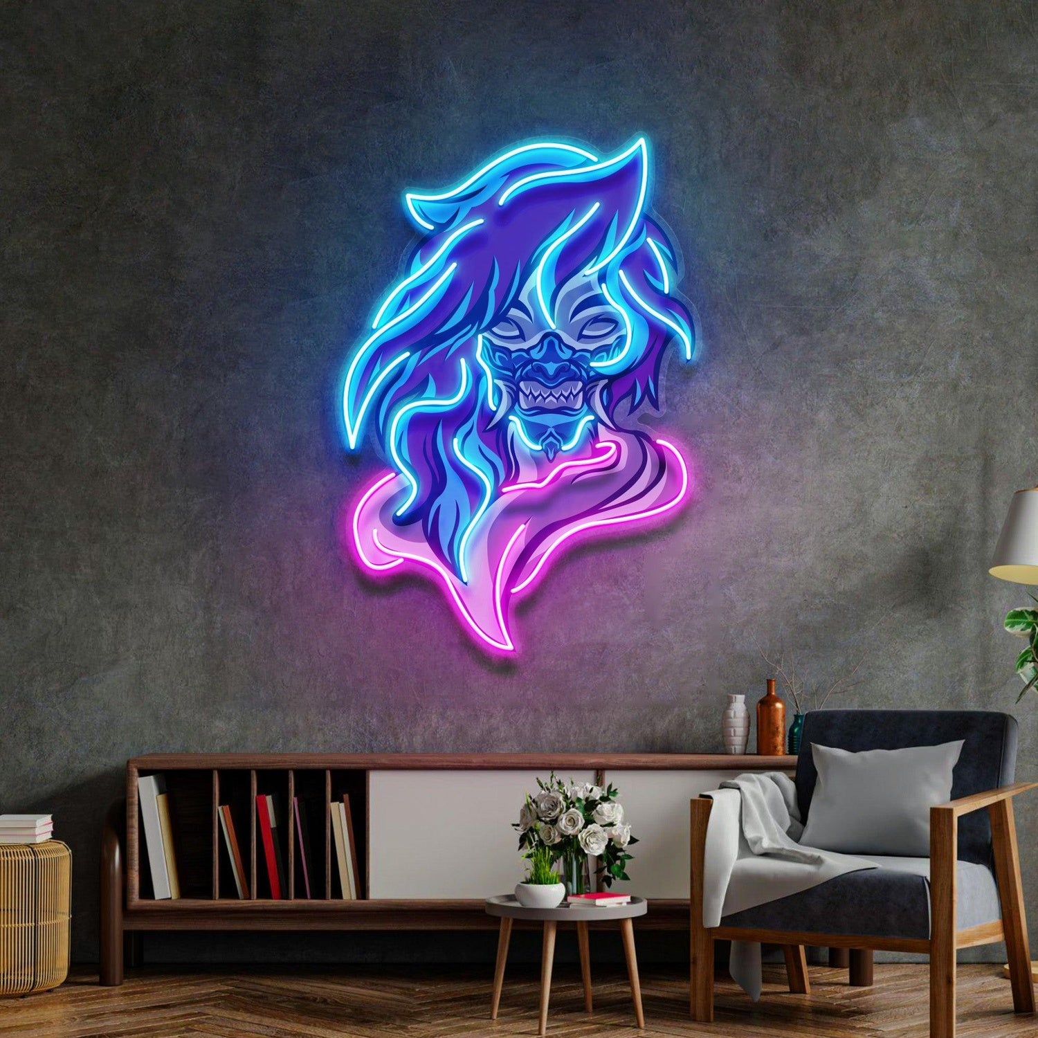 Demon Mascot Blue-Pink Uv Printed Led Neon Sign For Dark Theme Room Decor | Shineneon