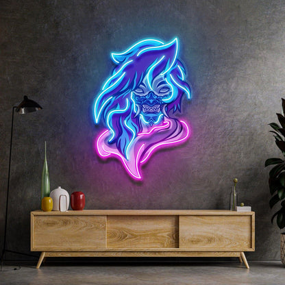 Demon Mascot Blue-Pink Uv Printed Led Neon Sign For Dark Theme Room Decor | Shineneon