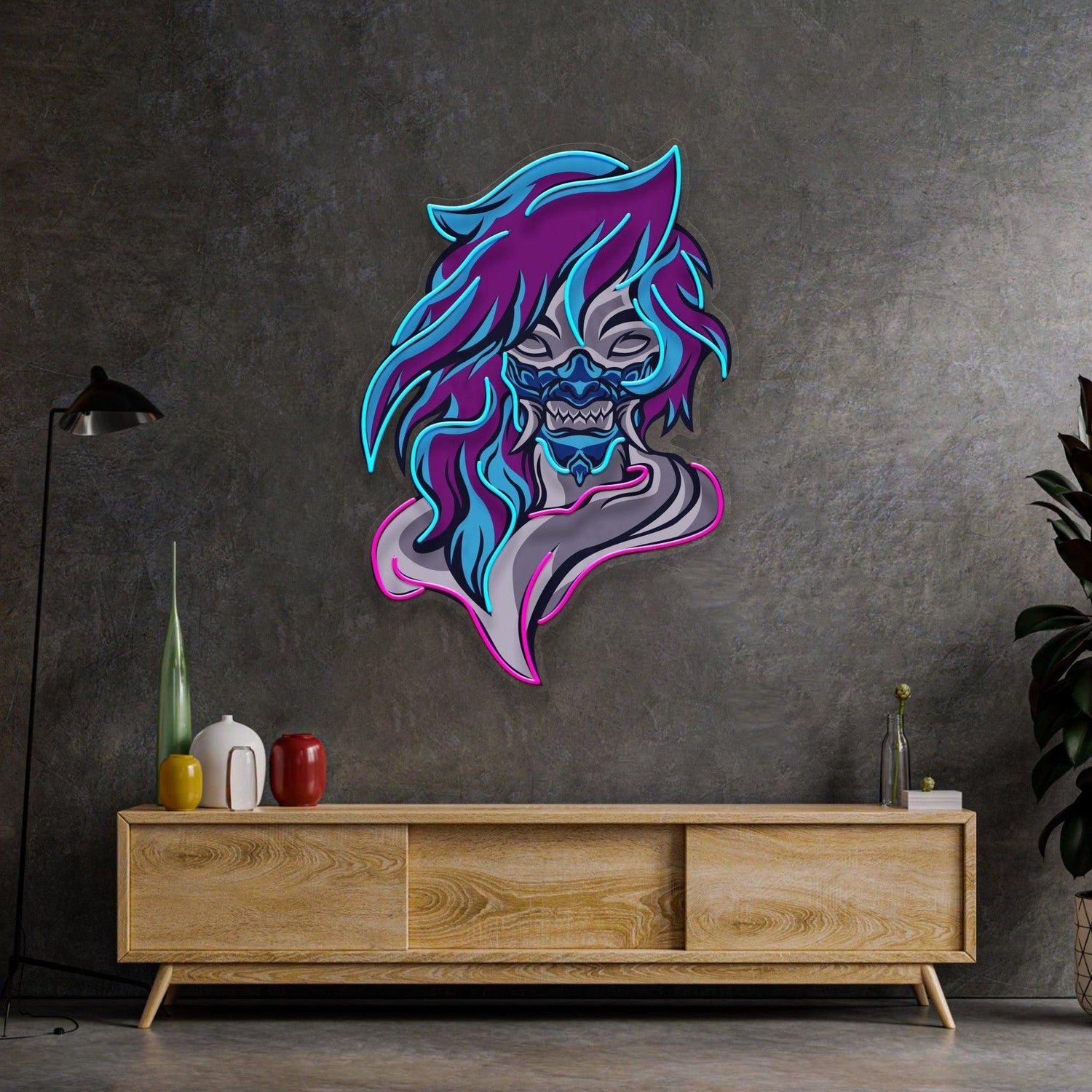 Demon Mascot Blue-Pink Uv Printed Led Neon Sign For Dark Theme Room Decor | Shineneon