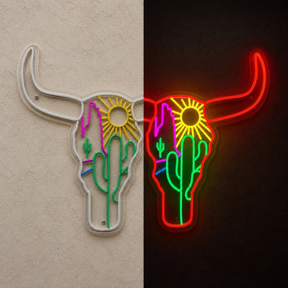 Desert Bull Skull Cactus Sun Vintage LED Neon Sign - Shineneon