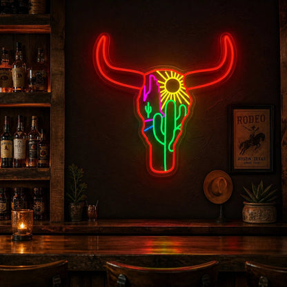 Desert Bull Skull Cactus Sun Vintage LED Neon Sign - Shineneon