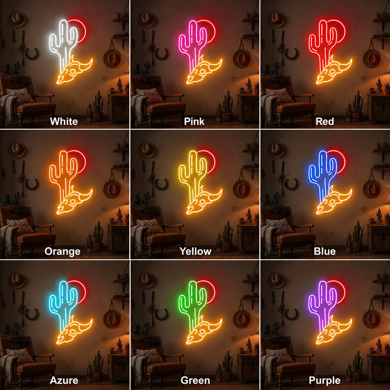 Desert Cactus Bull Skull LED Neon Sign day and night comparison