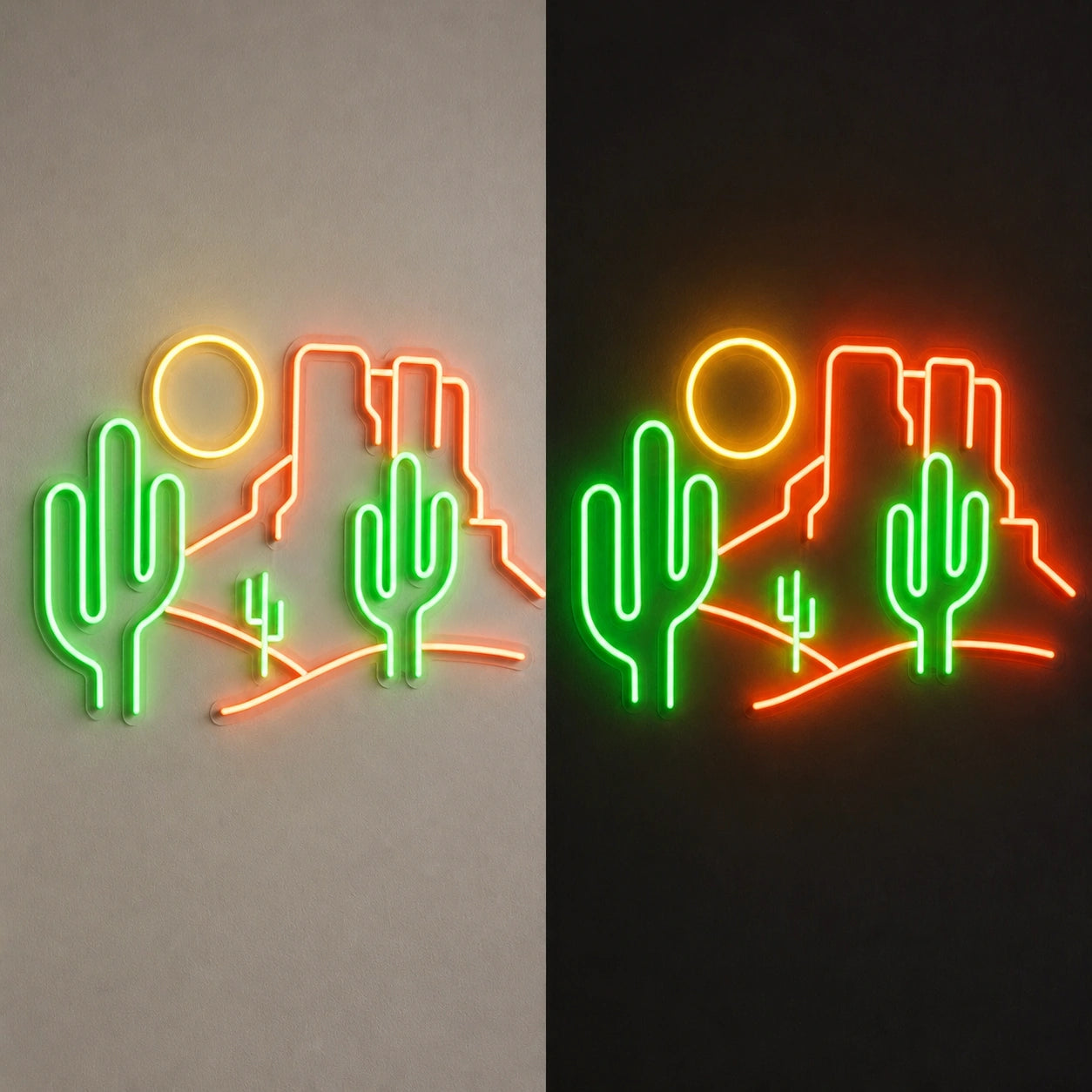 Desert Cactus Landscape Bar Vintage LED Neon Sign day and night comparison
