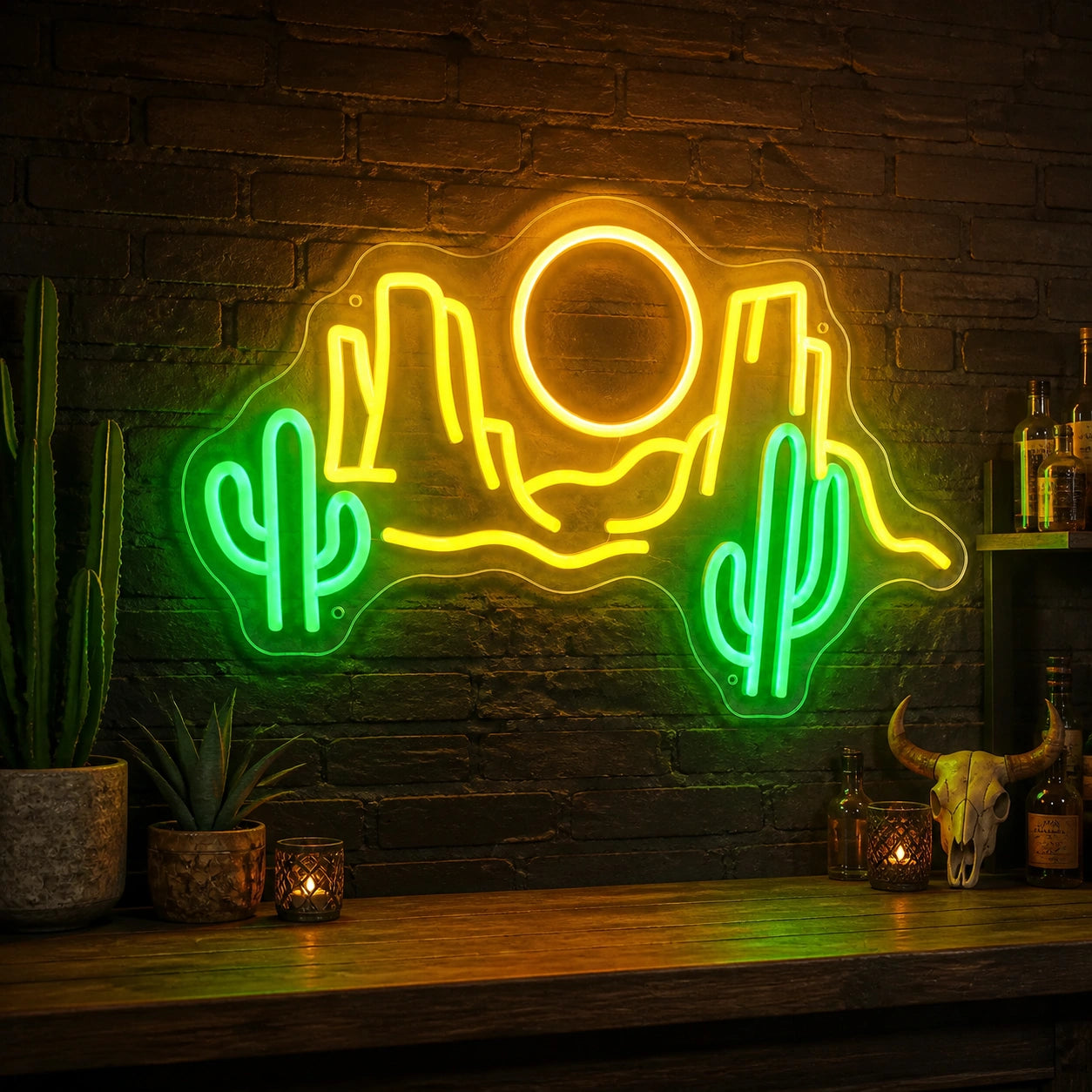 Desert Cactus Mountains Sun Vintage LED Neon Sign high-converting product image