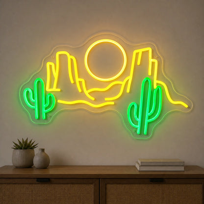 Desert Cactus Mountains Sun Vintage LED Neon Sign size image