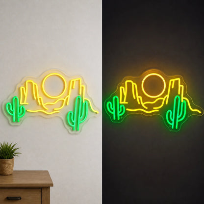 Desert Cactus Mountains Sun Vintage LED Neon Sign day and night comparison