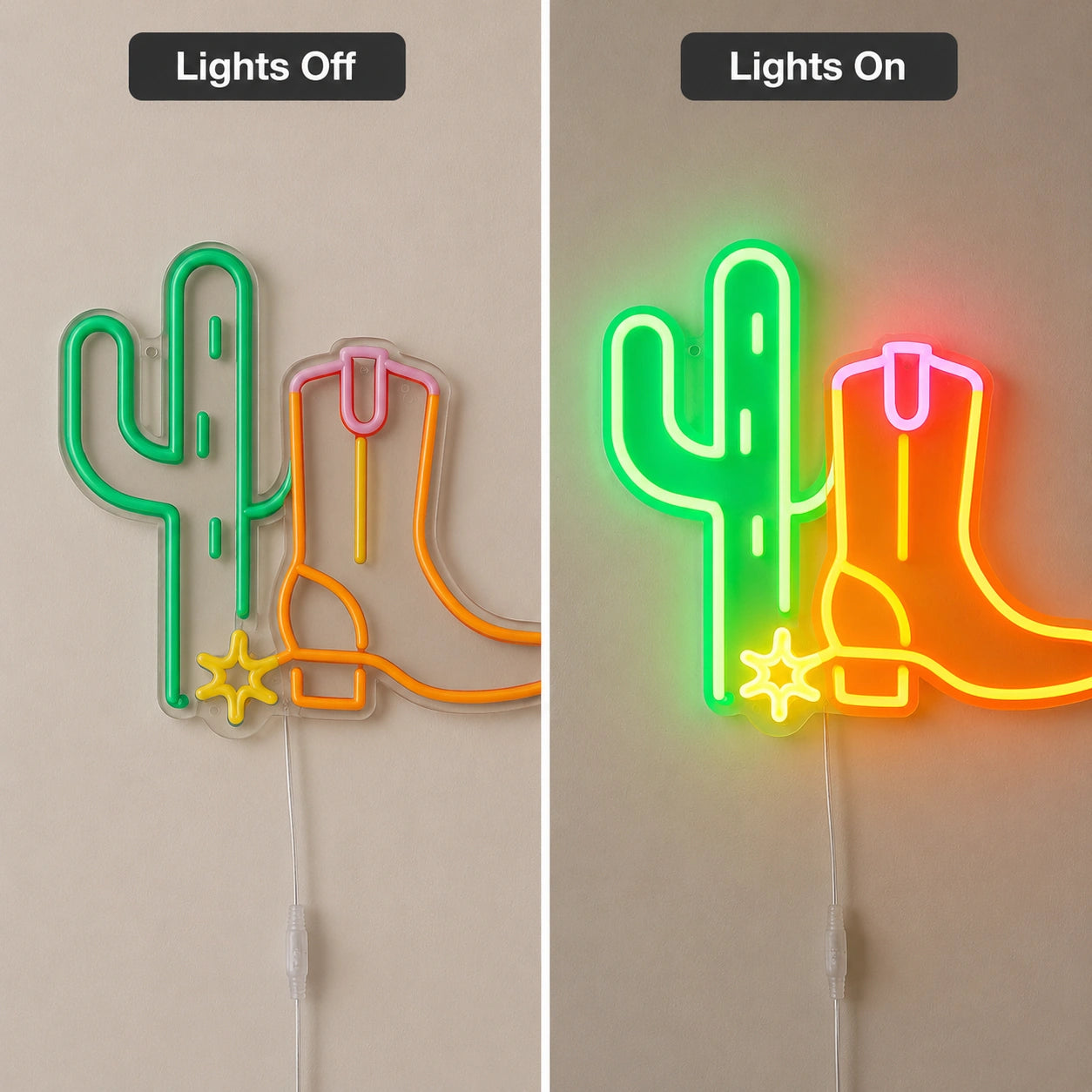 Desert Cactus Neon Sign LED Neon Sign day and night comparison