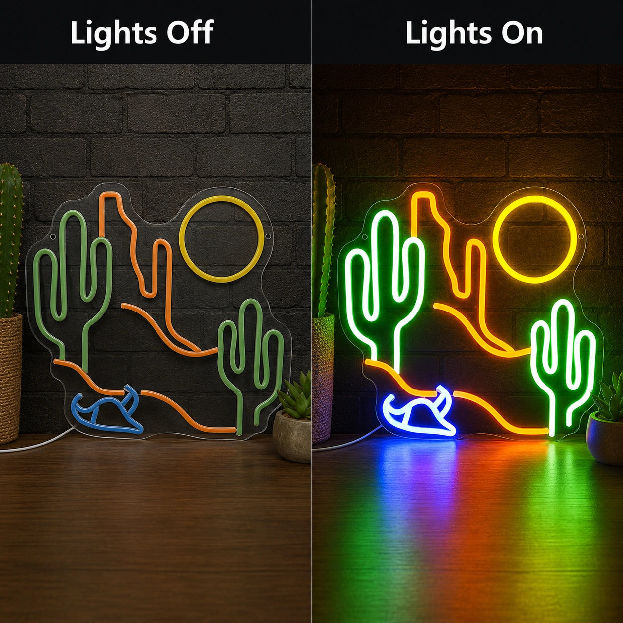 Desert Cactus Sun And Cowboy Hat LED Neon Sign day and night comparison