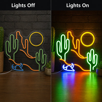Desert Cactus Sun And Cowboy Hat LED Neon Sign day and night comparison