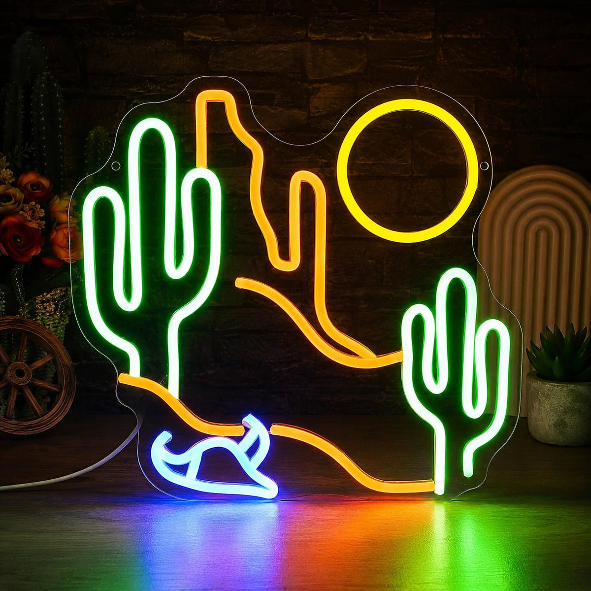 Desert Cactus Sun And Cowboy Hat LED Neon Sign - Shineneon