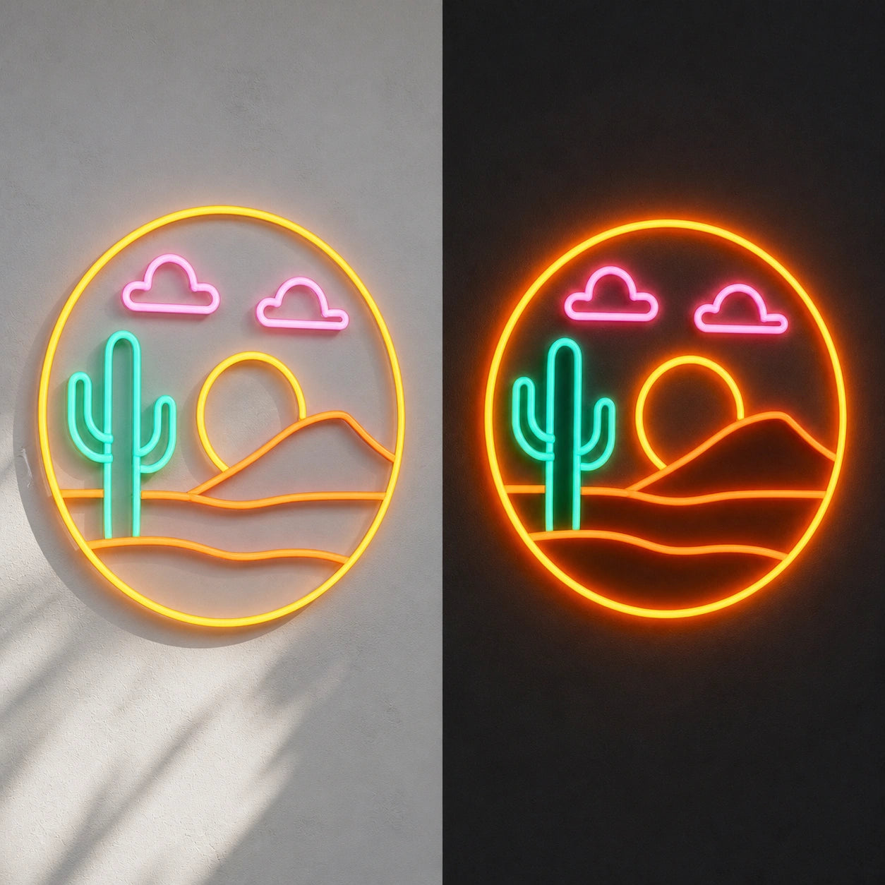 Desert Cactus Sunset Saloon Vintage LED Neon Sign day and night comparison