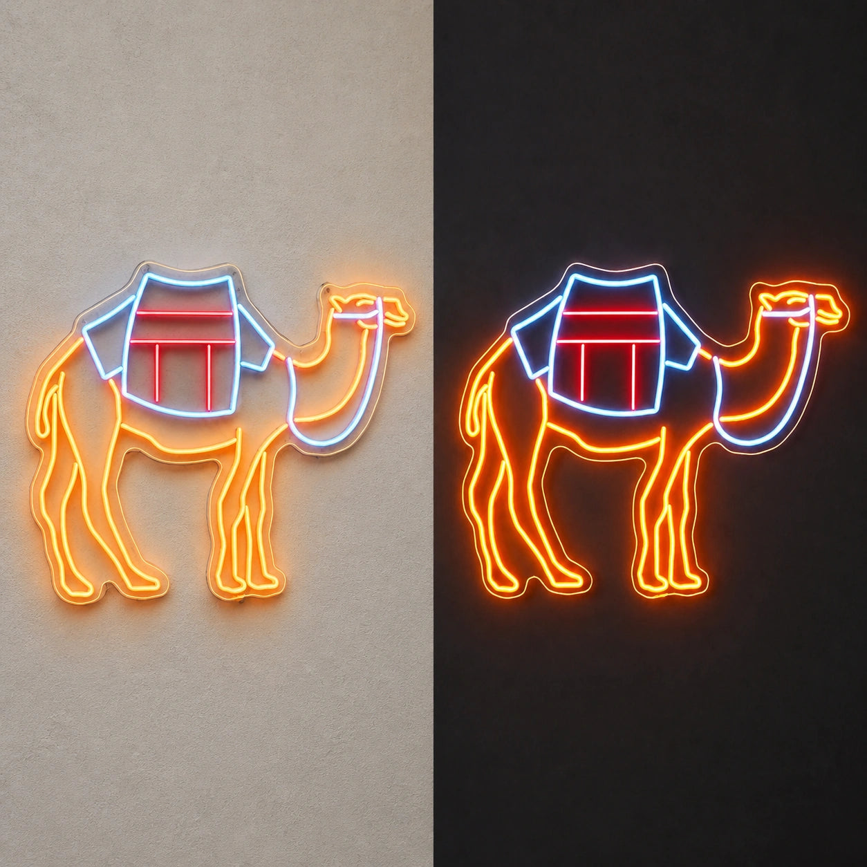 Desert Camel Living Room Vintage LED Neon Sign day and night comparison