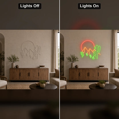 Desert Mountains Sun And Cactus LED Neon Sign Home Garage Wall Decoration day and night comparison